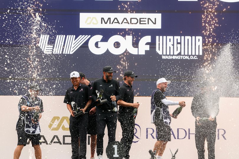 Anthony Kim, Dustin Johnson, Thomas Pieters and Thomas Detry of 4Aces GC during day four of LIV Golf Virginia.