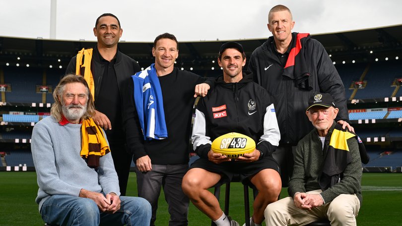 400-gamers Michael Tuck, Shaun Burgoyne, Brent Harvey, Scott Pendlebury, Dustin Fletcher and Kevin Bartlett ahead of Pendlebury’s record breaking 433rd match.