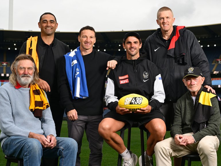 400-gamers Michael Tuck, Shaun Burgoyne, Brent Harvey, Scott Pendlebury, Dustin Fletcher and Kevin Bartlett ahead of Pendlebury’s record breaking 433rd match.