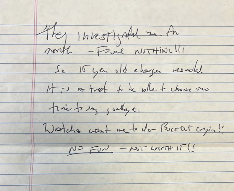 A photo provided by the U.S. District Court for the Southern District of New York shows a note purported to have been written by Jeffrey Epstein.