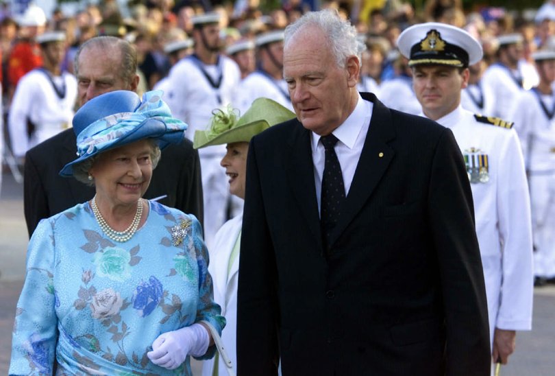 Brisbane, March 1, 2002. Queen Elizabeth on her final public appearance with GG Peter Hollingworth. (AAP Image/News Ltd/Mark Cranitch/POOL) NO ARCHIVING