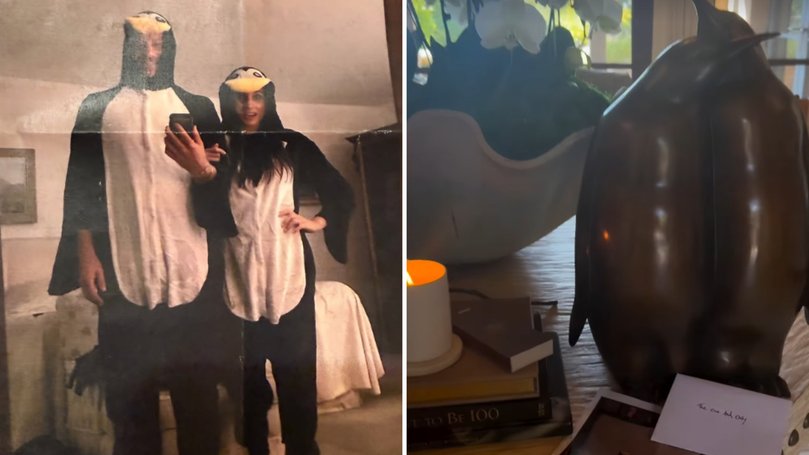 The couple wore penguin onesies to their engagement party in 2018.