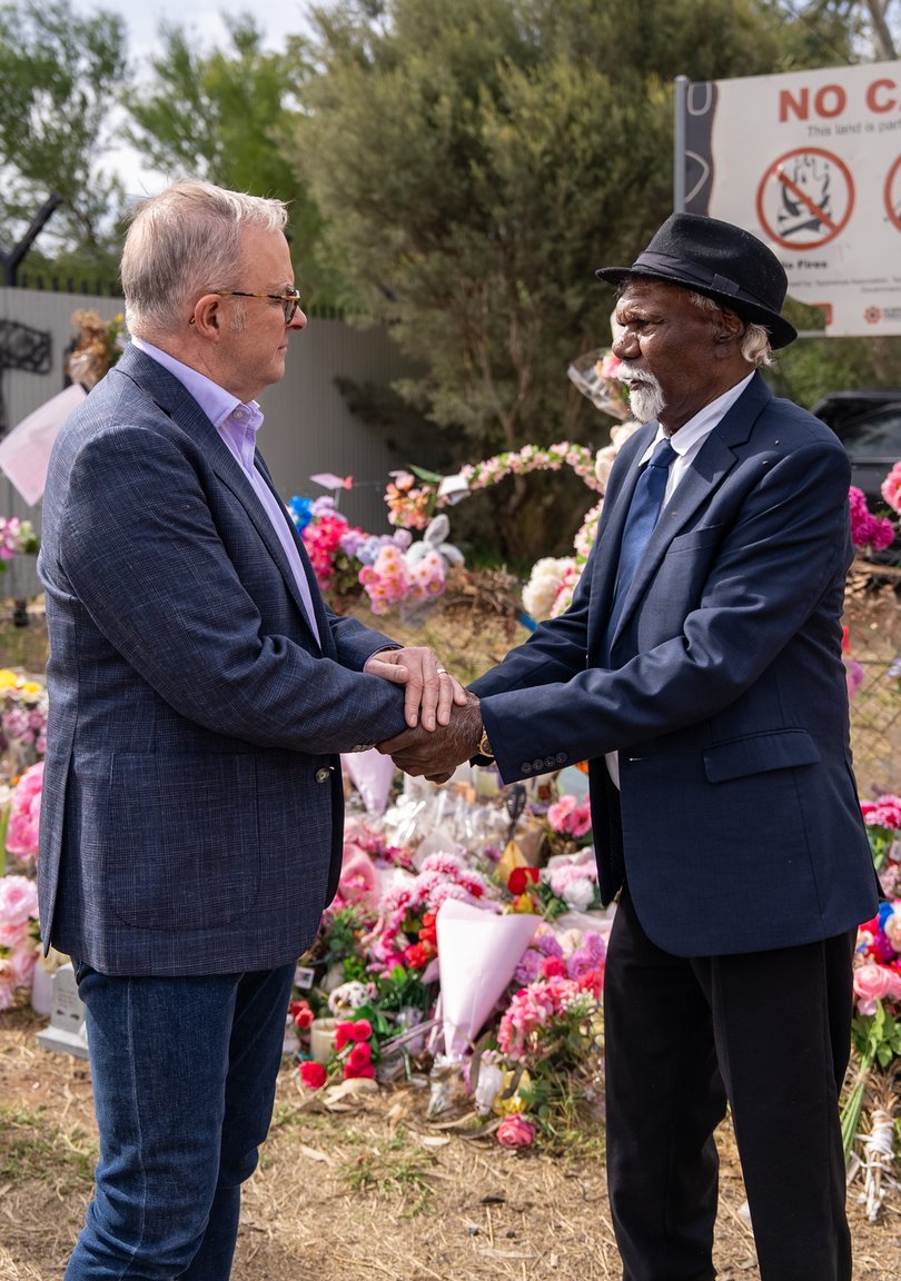 Prime Minister Anthony Albanese with Kumanjayi Little Baby’s grandfather.