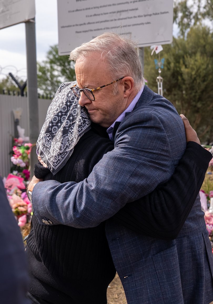 Prime Minister Anthony Albanese embraces Kumanjayi Little Baby’s mother Jacinta White in Alice Springs Wednesday.