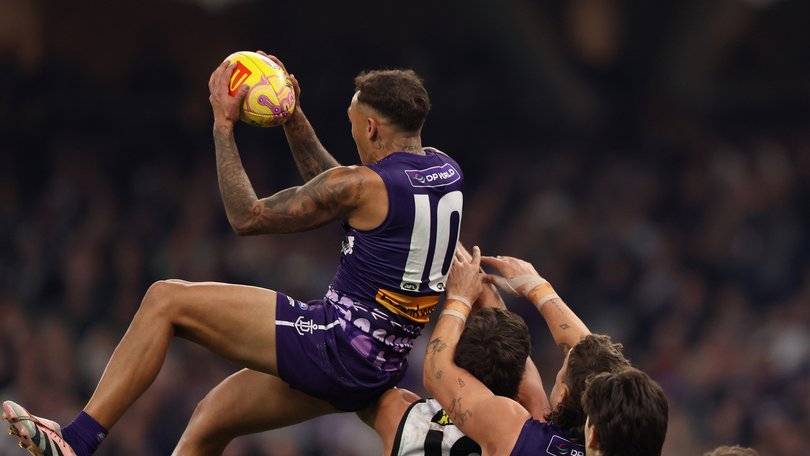 PERTH, AUSTRALIA - MAY 22: Shai Bolton of the Dockers marks the ball during the round 11 AFL match between Walyalup (Fremantle Dockers) and Euro-Yroke (St Kilda Saints) at Optus Stadium, on May 22, 2026, in Perth, Australia. (Photo by Janelle St Pierre/AFL Photos/via Getty Images)