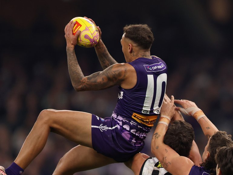 PERTH, AUSTRALIA - MAY 22: Shai Bolton of the Dockers marks the ball during the round 11 AFL match between Walyalup (Fremantle Dockers) and Euro-Yroke (St Kilda Saints) at Optus Stadium, on May 22, 2026, in Perth, Australia. (Photo by Janelle St Pierre/AFL Photos/via Getty Images)