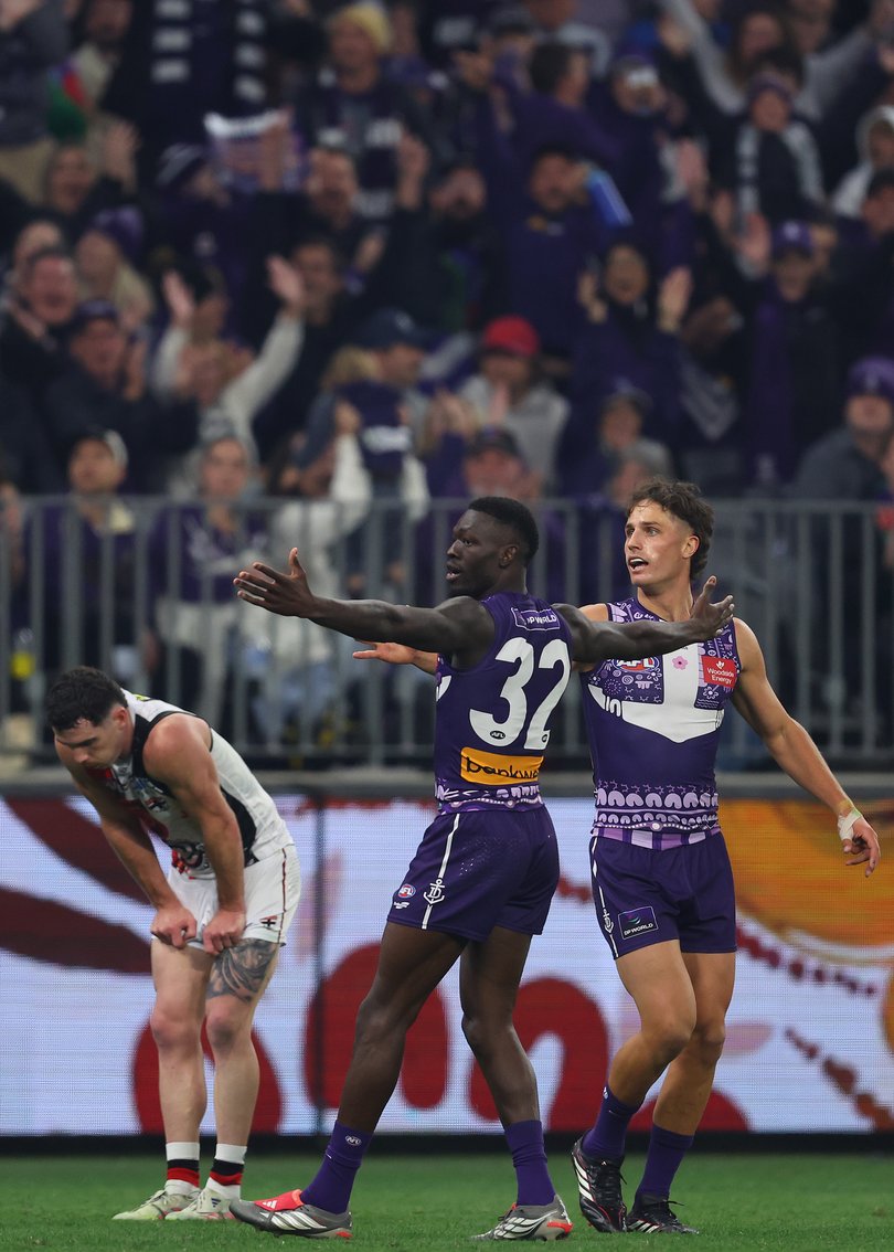 PERTH, AUSTRALIA - MAY 22: Michael Frederick of the Dockers celebrates a goal during the round 11 AFL match between Walyalup (Fremantle Dockers) and Euro-Yroke (St Kilda Saints) at Optus Stadium, on May 22, 2026, in Perth, Australia. (Photo by Paul Kane/Getty Images)