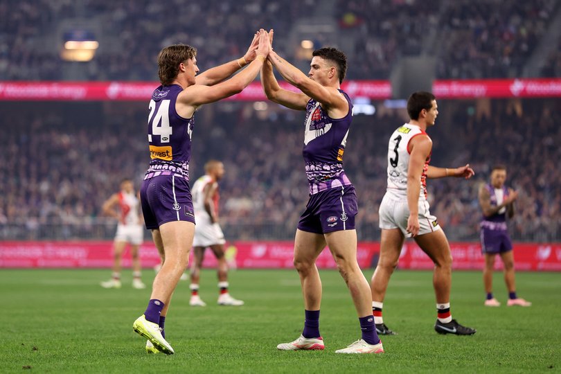 PERTH, AUSTRALIA - MAY 22: Jye Amiss of the Dockers celebrates a goal during the round 11 AFL match between Walyalup (Fremantle Dockers) and Euro-Yroke (St Kilda Saints) at Optus Stadium, on May 22, 2026, in Perth, Australia. (Photo by Janelle St Pierre/AFL Photos/via Getty Images)