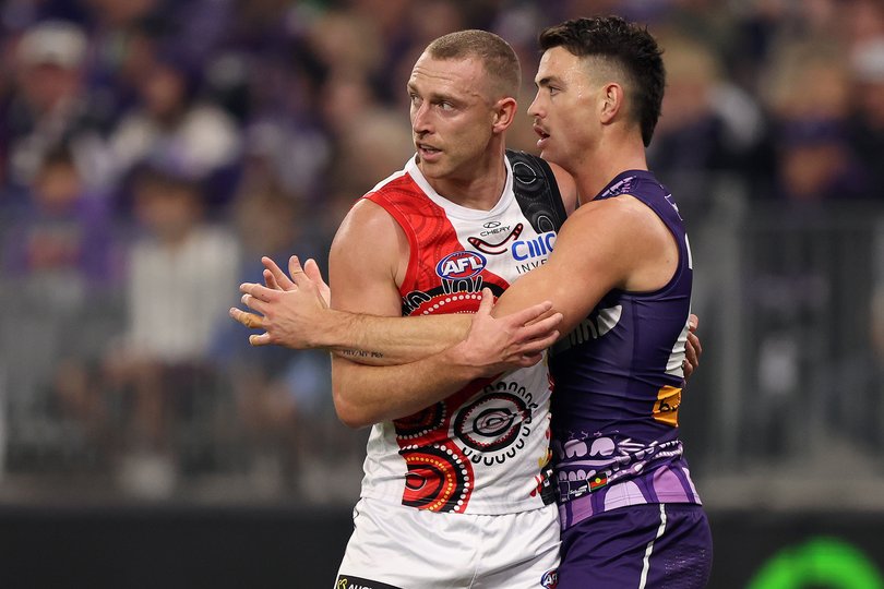 PERTH, AUSTRALIA - MAY 22: Patrick Voss of the Dockers and Callum Wilkie of the Saints in action during the round 11 AFL match between Walyalup (Fremantle Dockers) and Euro-Yroke (St Kilda Saints) at Optus Stadium, on May 22, 2026, in Perth, Australia. (Photo by Janelle St Pierre/AFL Photos/via Getty Images)