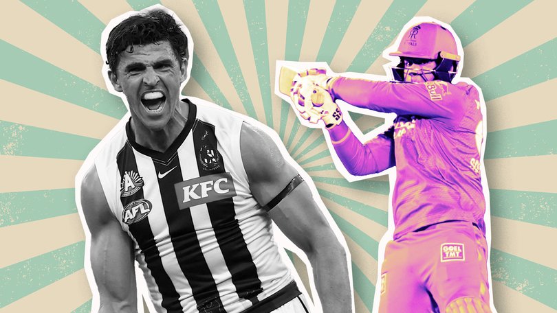 Scott Pendlebury in this year’s Anzac Day match between Collingwood and Essendon. Left: Pendelbury during his first year of AFL in 2006. Right: Justin langer gets a selfie with cricket prodigy Vaibhav Sooryavanshi.