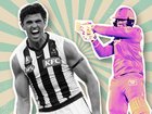 Scott Pendlebury in this year’s Anzac Day match between Collingwood and Essendon. Left: Pendelbury during his first year of AFL in 2006. Right: Justin langer gets a selfie with cricket prodigy Vaibhav Sooryavanshi.