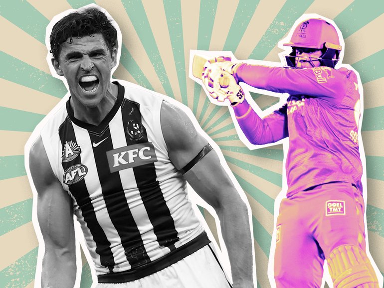 Scott Pendlebury in this year’s Anzac Day match between Collingwood and Essendon. Left: Pendelbury during his first year of AFL in 2006. Right: Justin langer gets a selfie with cricket prodigy Vaibhav Sooryavanshi.