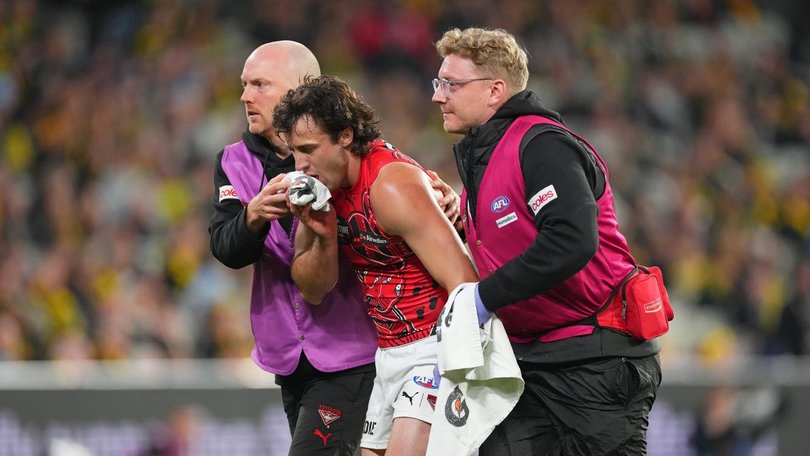 Bombers' Andrew McGrath suffered a badly broken jaw in the loss to Richmond.