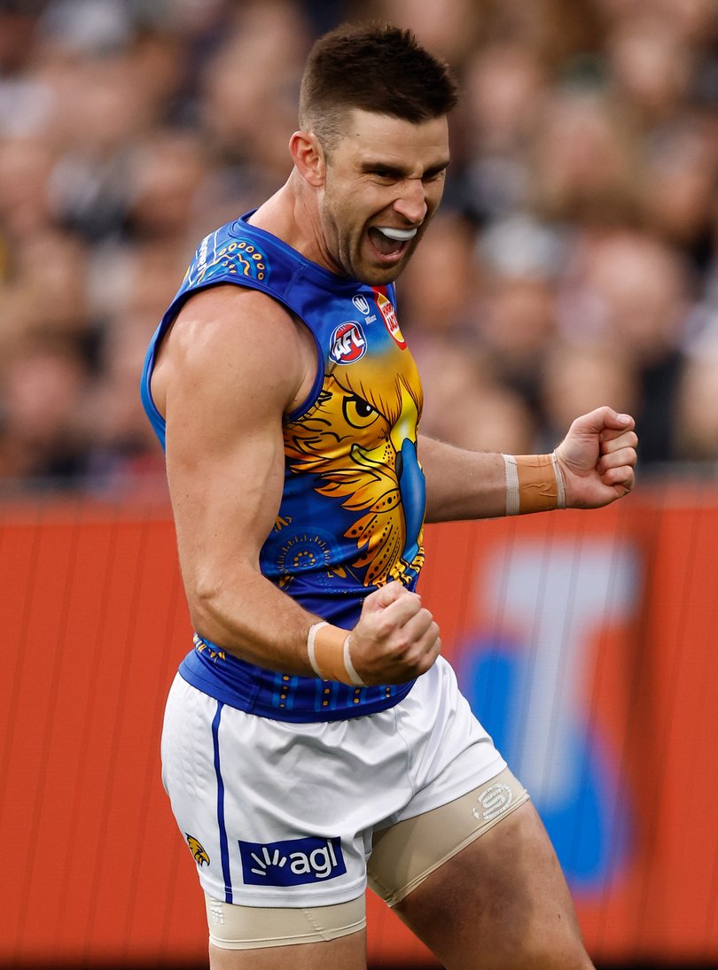 Elliot Yeo of the Eagles celebrates a goal.