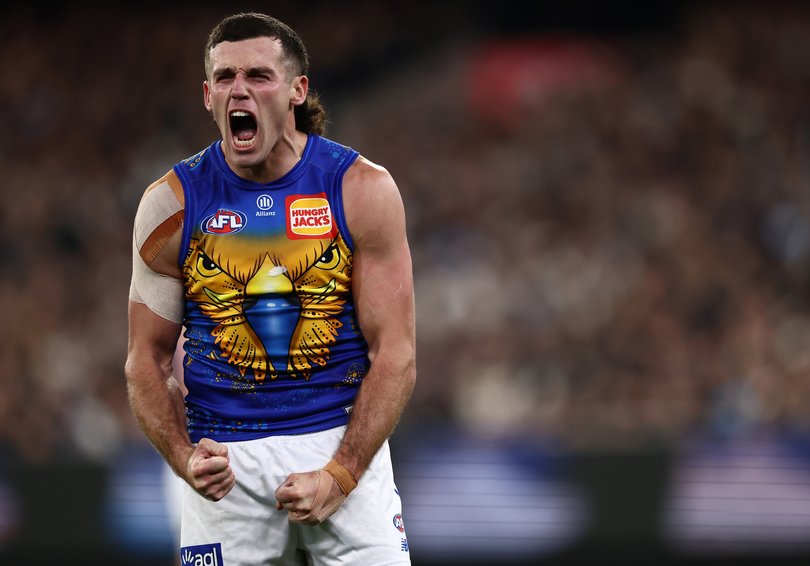 MELBOURNE, AUSTRALIA - MAY 23: Jake Waterman of the Eagles celebrates a goal during the 2026 AFL Round 11 match between the Collingwood Magpies and Waalitj Marawar (West Coast Eagles) at the Melbourne Cricket Ground on May 23, 2026 in Melbourne, Australia. (Photo by James Wiltshire/AFL Photos)