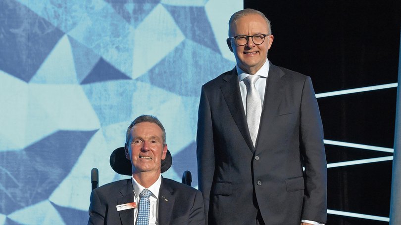 Prime Minister Anthony Albanese with Australian of the Year Neale Daniher after the 2025 Australian of the Year Awards at the National Arboretum in Canberra, Saturday, January 25, 2025. (AAP Image/Mick Tsikas) NO ARCHIVING