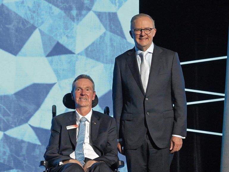 Prime Minister Anthony Albanese with Australian of the Year Neale Daniher after the 2025 Australian of the Year Awards at the National Arboretum in Canberra, Saturday, January 25, 2025. (AAP Image/Mick Tsikas) NO ARCHIVING
