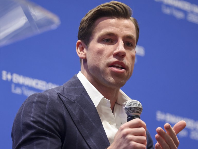 Maximilian Martin, CEO of the Enhanced Games, speaks during a news conference at Resorts World Las Vegas.