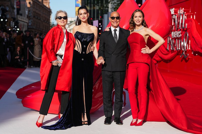 Anne Hathaway with her Devil Wears Prads co-stars Meryl Streep, Stanley Tucci and Emily Blunt.