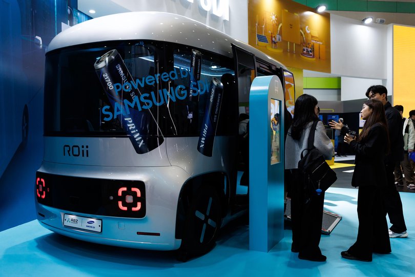 A2Z autonomous ROii autonomous bus with a Samsung SDI Co. battery at the InterBattery exhibition in Seoul, South Korea.