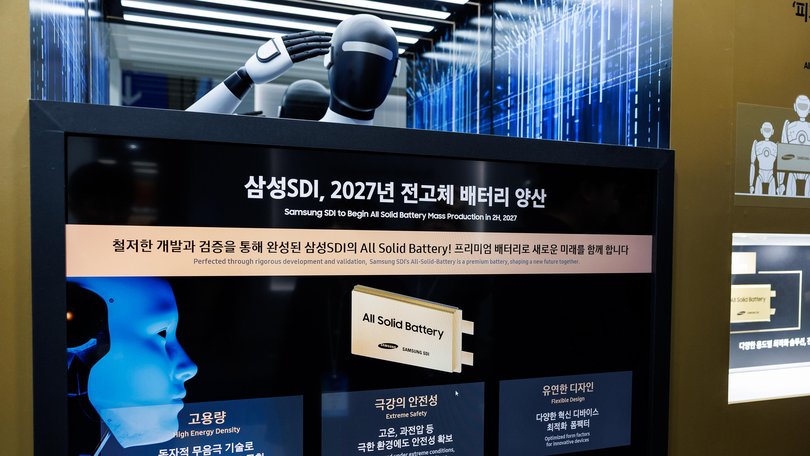 A display for the Samsung SDI Co. all-solid-state battery at the InterBattery exhibition in Seoul, South Korea in March.