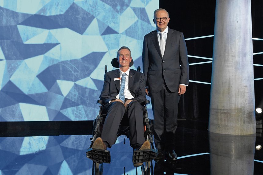Prime Minister Anthony Albanese with Australian of the Year Neale Daniher after the 2025 Australian of the Year Awards at the National Arboretum in 2025.