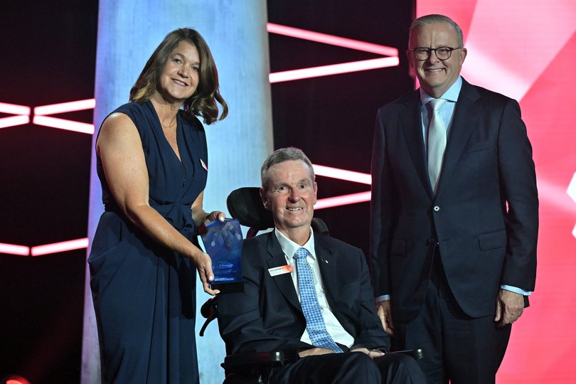Australian of the Year Neale Daniher, wife Jan and Prime Minister Anthony Albanese.