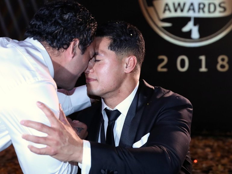 There were emotional scenes when Roger Tuivasa-Sheck won the 2018 Dally M. Cameron Spencer/Getty Images