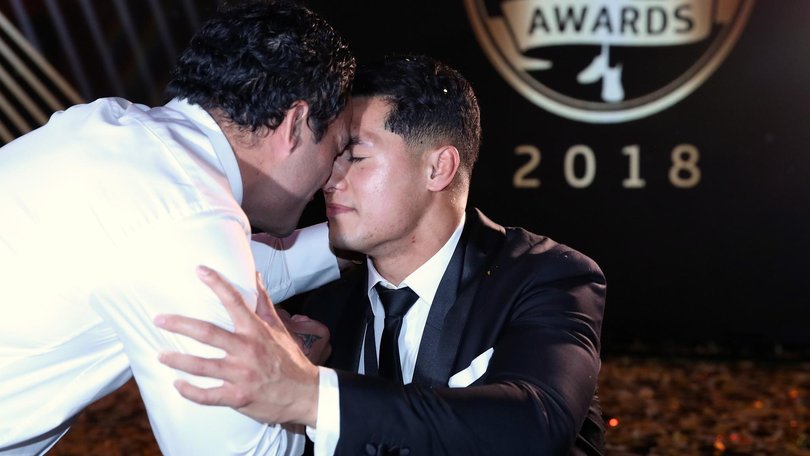 There were emotional scenes when Roger Tuivasa-Sheck won the 2018 Dally M. Picture: Cameron Spencer/Getty Images
