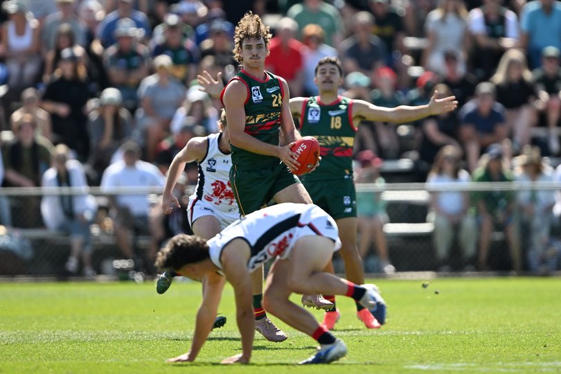 HOBART, AUSTRALIA - MARCH 21: Jaxon Artemis of the Devils in action during the round one VFL match between Tasmania Devils and Coburg Lions at North Hobart Oval on March 21, 2026 in Hobart, Australia. (Photo by Steve Bell/Getty Images via AFL Photos)