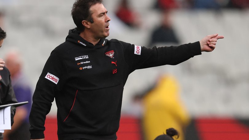 MELBOURNE, AUSTRALIA - MAY 17: Brad Scott, Senior Coach of the Bombers speaks to the players at the break during the round 10 AFL match between Essendon Bombers and Walyalup (Fremantle Dockers) at Melbourne Cricket Ground, on May 17, 2026, in Melbourne, Australia. (Photo by Robert Cianflone/Getty Images)