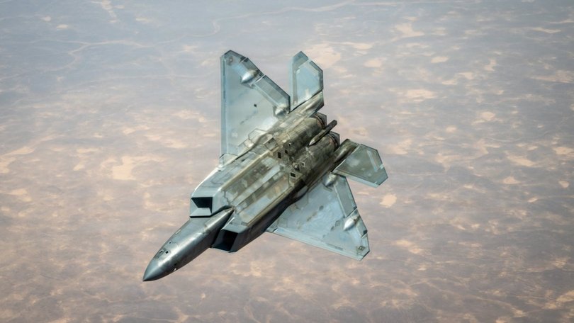 A US Air Force F-22 Raptor stealth fighter is refuelled while flying over the Middle East.