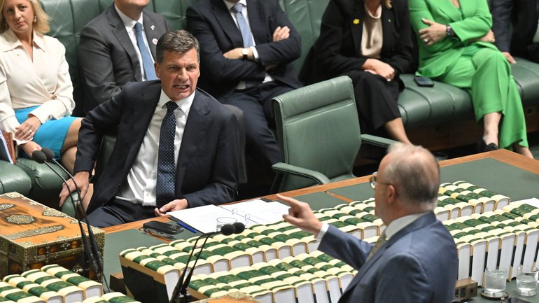 Leader of the Opposition Angus Taylor and Prime Minister Anthony Albanese during Question Time in the House of Representatives.
