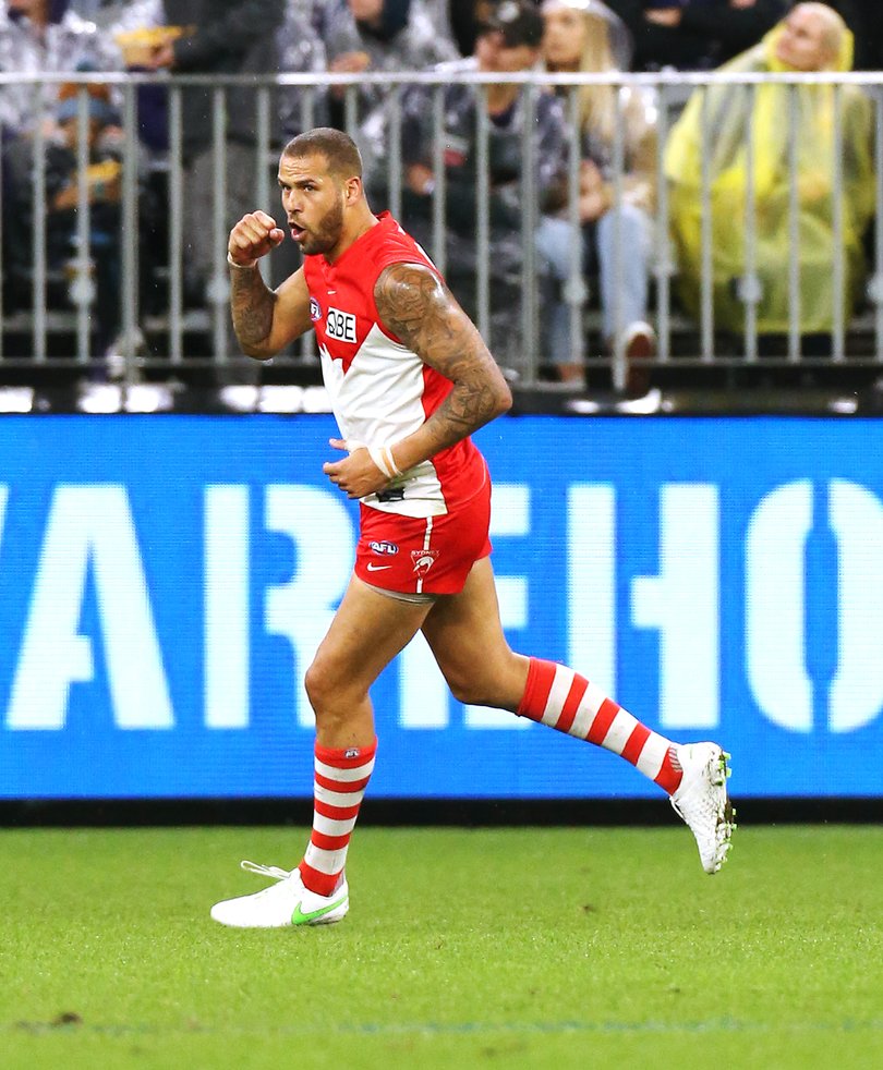 AFL at Optus Stadium in Perth. Fremantle Dockers v Sydney Swans. Swan Buddy Franklin celebrates a goal. Picture Jackson Flindell The Sunday Times