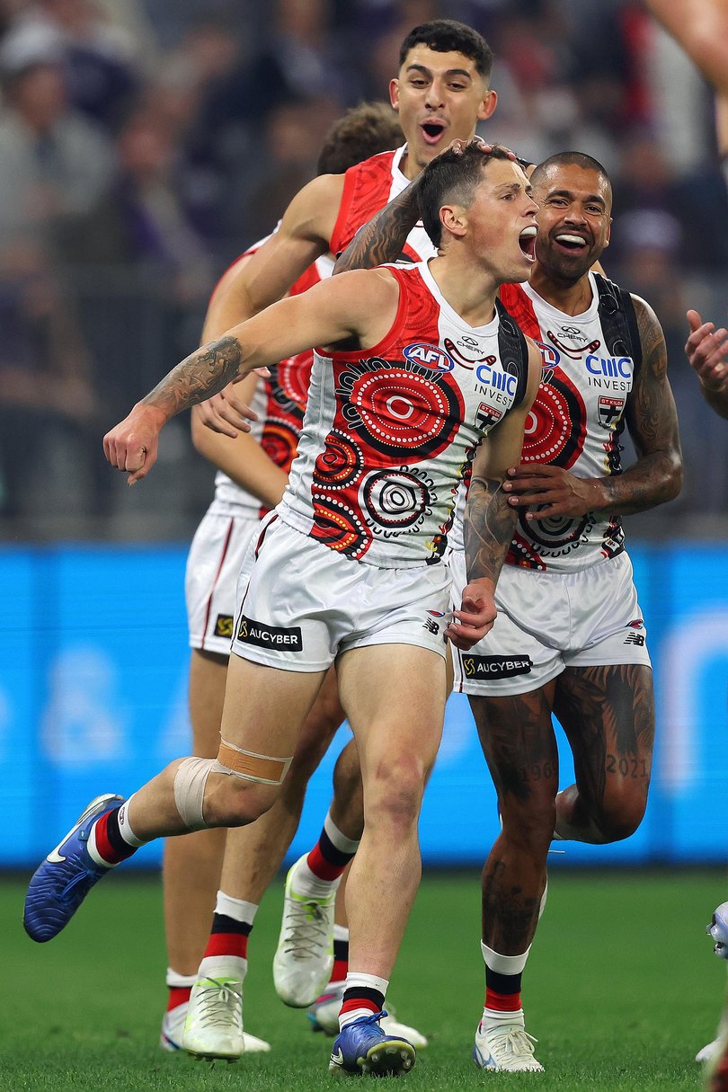 Max Hall of the Saints celebrates a goal.