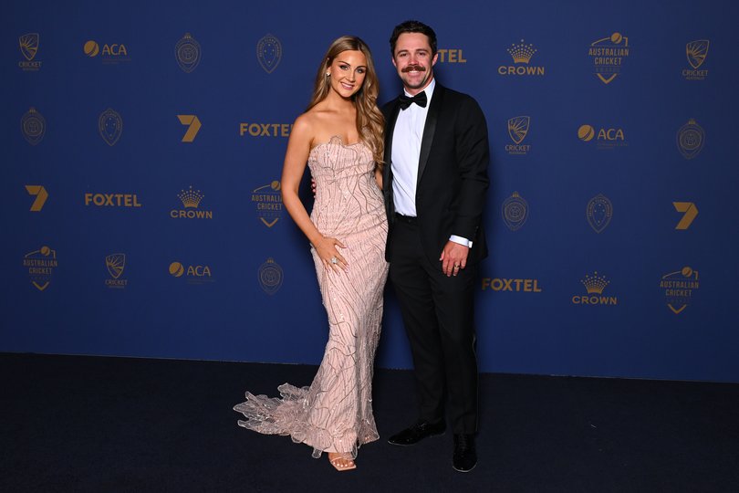 Travis Head and Jessica Davies arrive ahead of the 2024 Cricket Australia Awards.