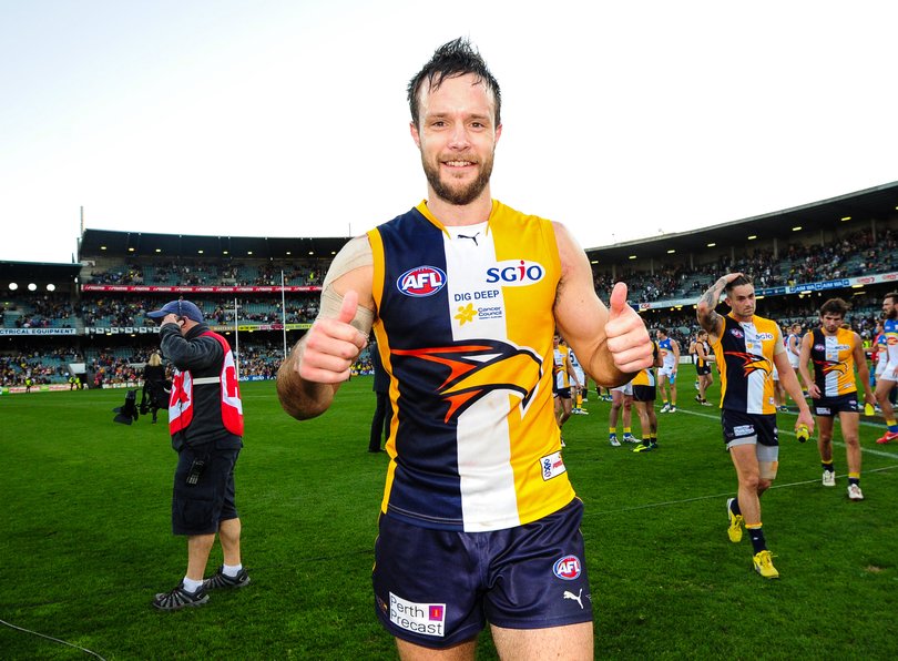 Mitch Brown of the West Coast Eagles celebrates after the win after the 2013 AFL Round 19 match between the West Coast Eagles and the Gold Coast Suns at Patersons Stadium, Perth on August 03, 2013. (Photo: Daniel Carson/AFL Media)