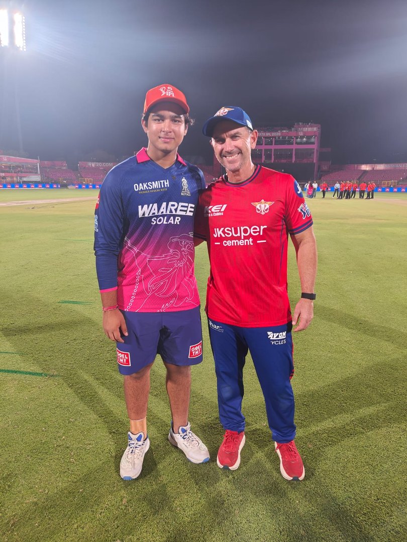 Justin Langer with India’s teenage superstar cricketer Vaibhav Sooryavanshi.