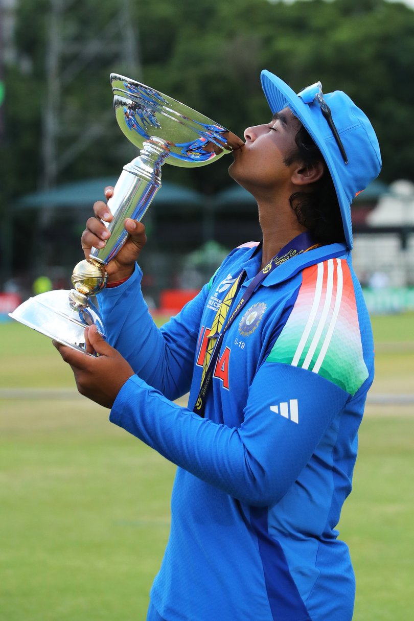 India's Vaibhav Sooryavanshi poses for a photo with the U19 World Cup trophy after India win it.