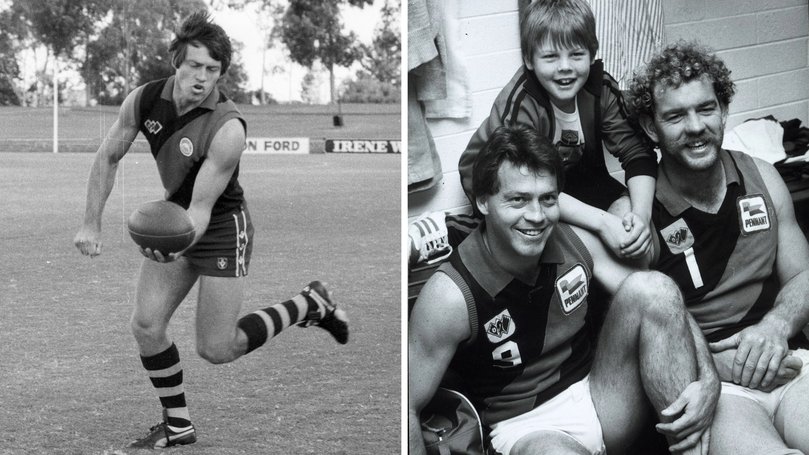 Left to right: Bryan Cousins in action in 1980 and a young Ben Cousins with Bryan Cousins and Mick Rea.
