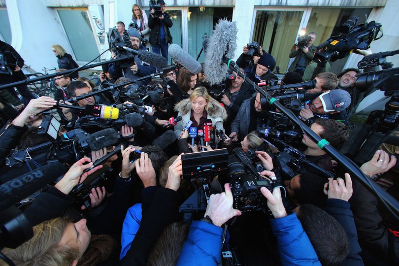 GRENOBLE, FRANCE - JANUARY 01: Sabine Kehm, press officer of former German Formula One driver Michael Schumacher talks to the media outside the Grenoble University Hospital Centre where Schumacher was being treated for a severe head injury following a skiing accident on Sunday in Meribel on January 1, 2014 in Grenoble, France. (Photo by Alex Grimm/Bongarts/Getty Images)