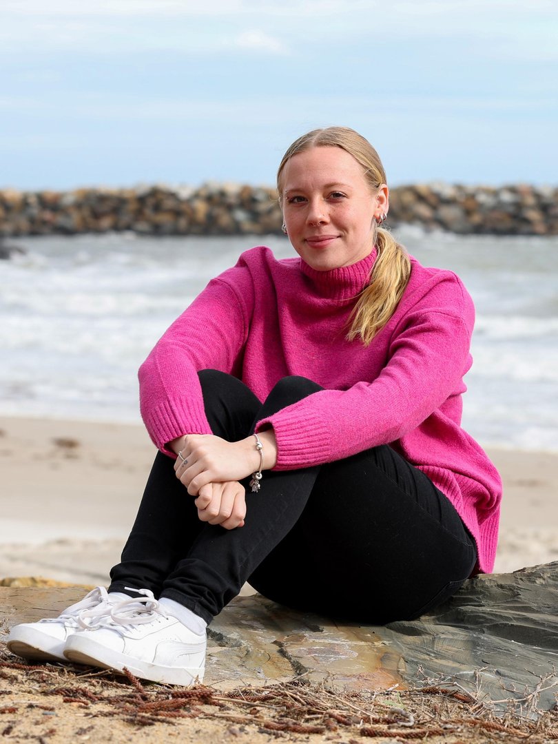 Madz June found herself trapped in quicksand at Glenelg North beach. Picture: Eleni Tzanos