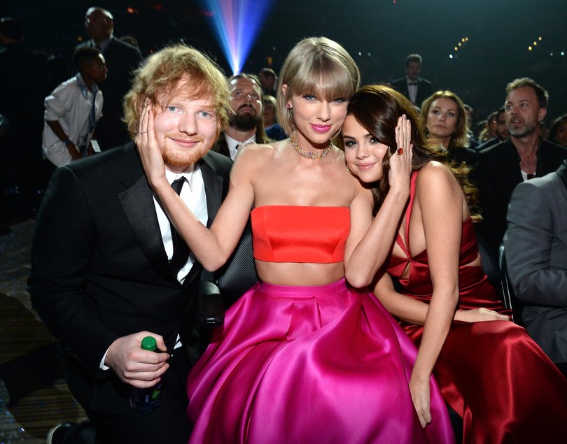 LOS ANGELES, CA - FEBRUARY 15: Ed Sheeran, Taylor Swift and Selena Gomez attend The 58th GRAMMY Awards at Staples Center on February 15, 2016 in Los Angeles, California. (Photo by Kevin Mazur/WireImage)