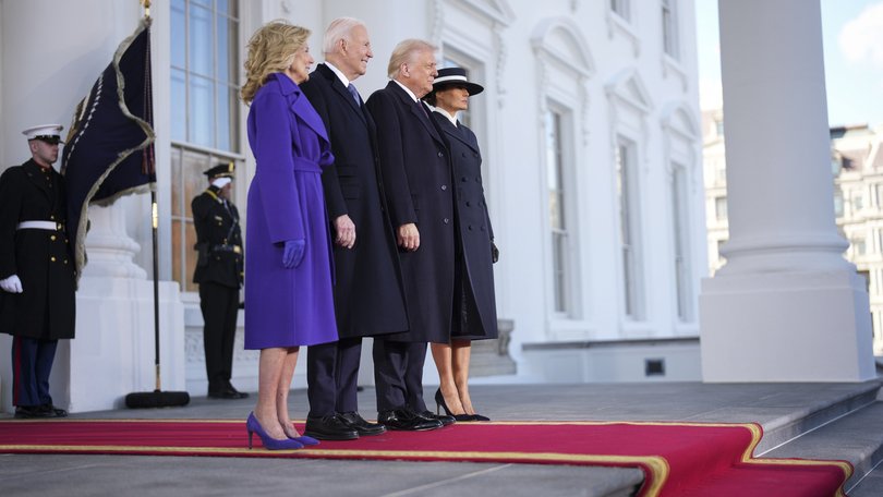 The Bidens welcome President-elect Donald Trump and Melania Trump at the White House ahead of the inauguration on Jan. 20, 2025. 