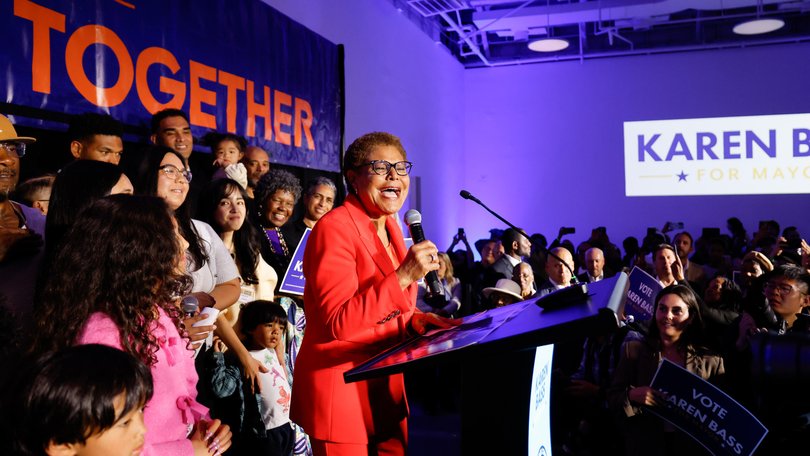 LA Mayor Karen Bass speaks at her election party for the California 2026 primaries.
