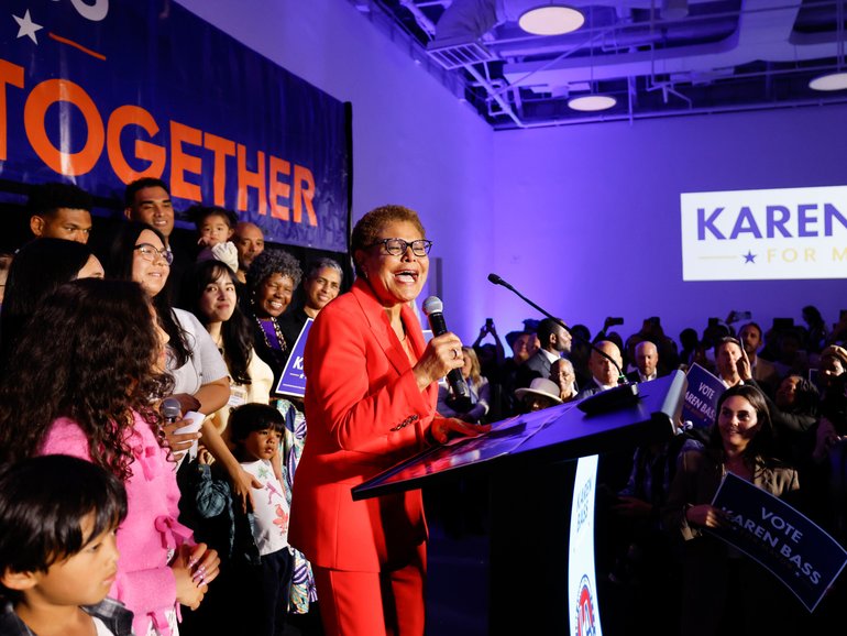 LA Mayor Karen Bass speaks at her election party for the California 2026 primaries.