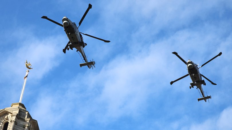 A royal Navy Helicopter flypast at Britannia Royal Naval College on December 14, 2023. The Royal Navy confirmed a fatal chopper crash in Devon has left three service members dead.