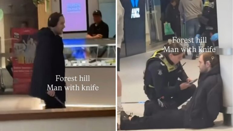 Shoppers have been forced to lock themselves inside stores, with a video showing a man with a large knife.