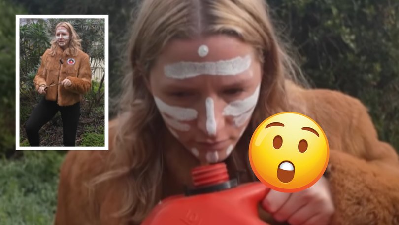 Lisa Jane Spencer posted the video on Tuesday, which featured the comedian dancing barefoot, clapping sticks, wearing white facepaint, and sniffing from a red jerry can.