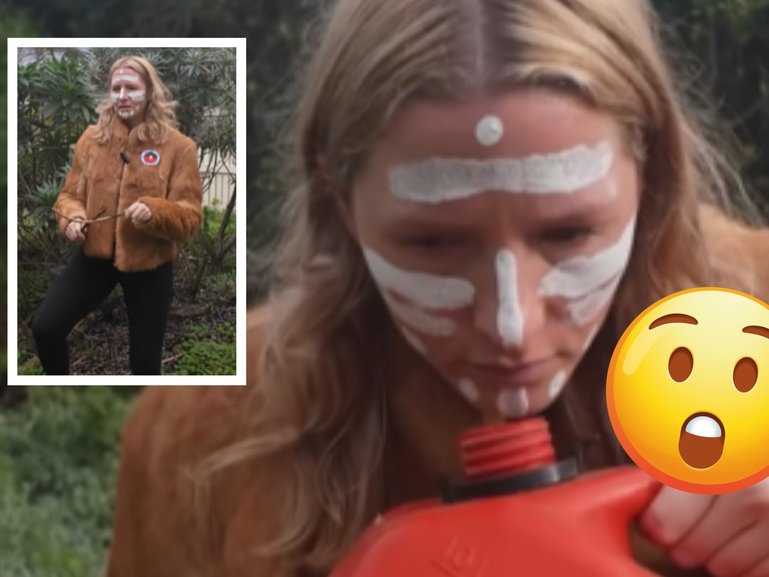 Lisa Jane Spencer posted the video on Tuesday, which featured the comedian dancing barefoot, clapping sticks, wearing white facepaint, and sniffing from a red jerry can.